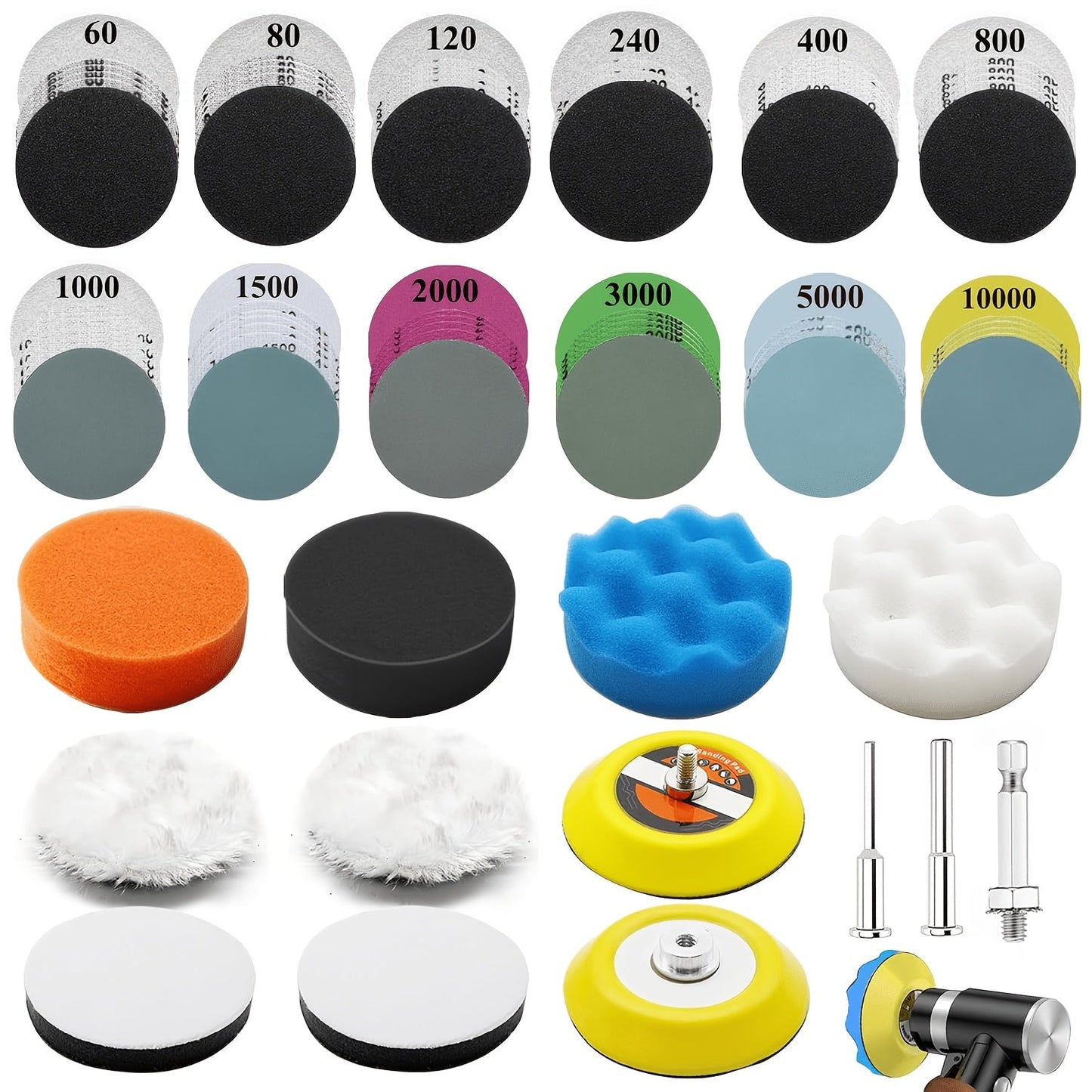 133-Piece Three-Inch Sanding and Polishing Kit with Wet-Dry Discs, Buffing Pads and Drill Backing Plate