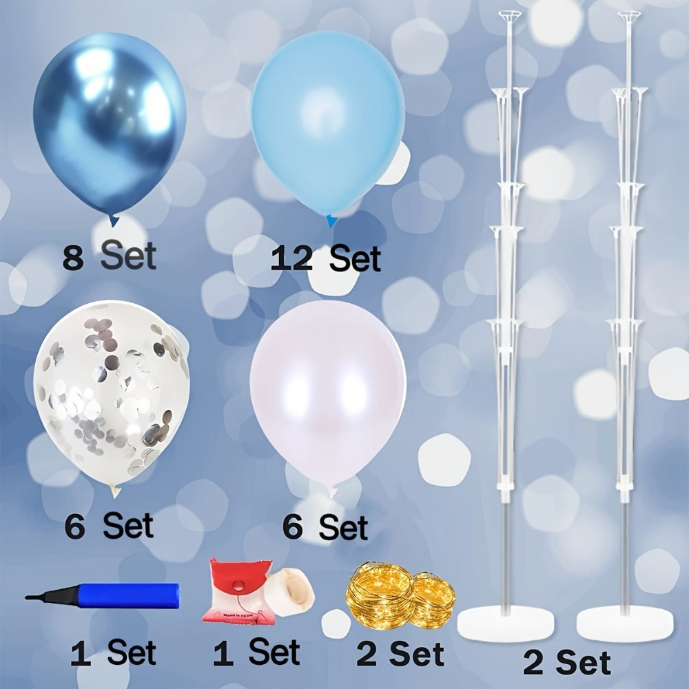 Party Decorations Two Blue Floor Balloon Holder Stands with LED String Lights and 55 or 67-Inch Heights