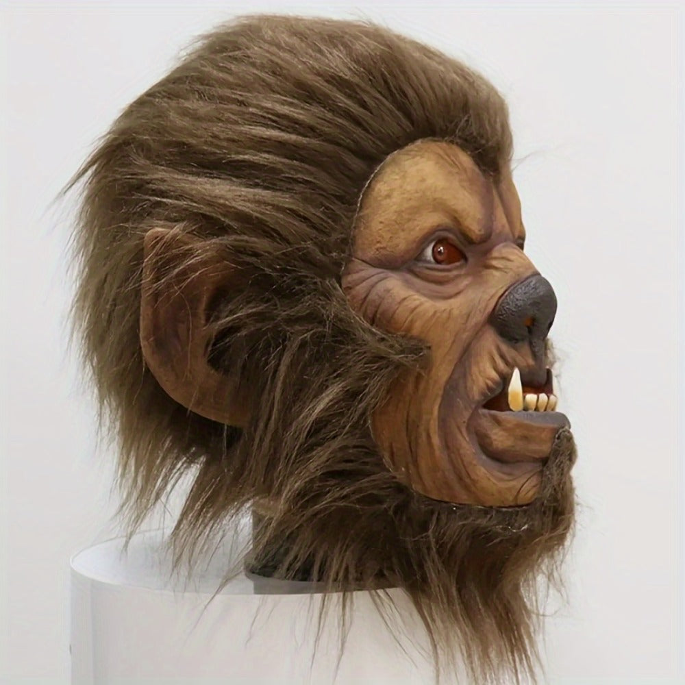 Hairy Brown Beast Costume Mask with Full-Head Creature Face, Pointed Ears and Faux-Fur Surround