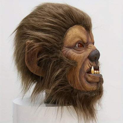 Hairy Brown Beast Costume Mask with Full-Head Creature Face, Pointed Ears and Faux-Fur Surround