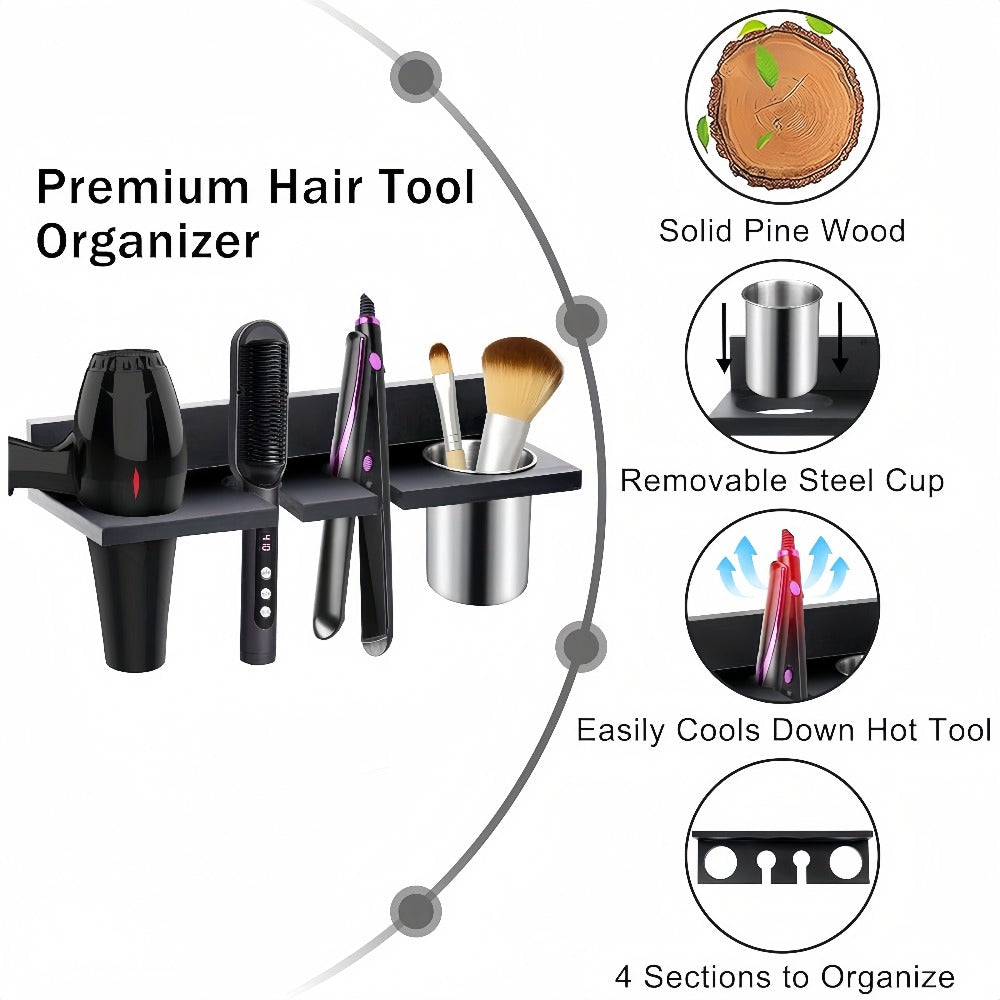 Wall-Mounted Wooden Hair Tool Organizer with Holder for Hair Dryer, Curling Iron and Brushes in Two Colors
