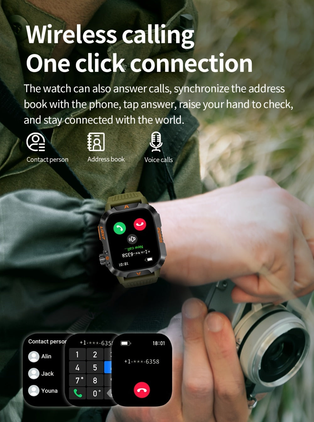 2.01" HD Compass Smartwatch for Men Women – Wireless Calling Outdoor Adventure Watch with LED Flashlight Fitness Tracker Pedometer Calorie Counter Long Battery Life Compatible with Android iPhone Couples Gift