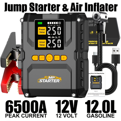 6500A Jump Starter with 150PSI Built-in Air Compressor QC3.0 USB-A USB-C LED Flashlight Smart Safety for 3.17gal Gas 2.11gal Diesel Portable Power Bank