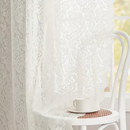 Sheer Curtain Rod Pocket Floral Lace Semi-Sheer Window Panel for Living Room Bedroom Kitchen Bathroom, 100% Polyester, Machine Washable, White Light Green Coffee