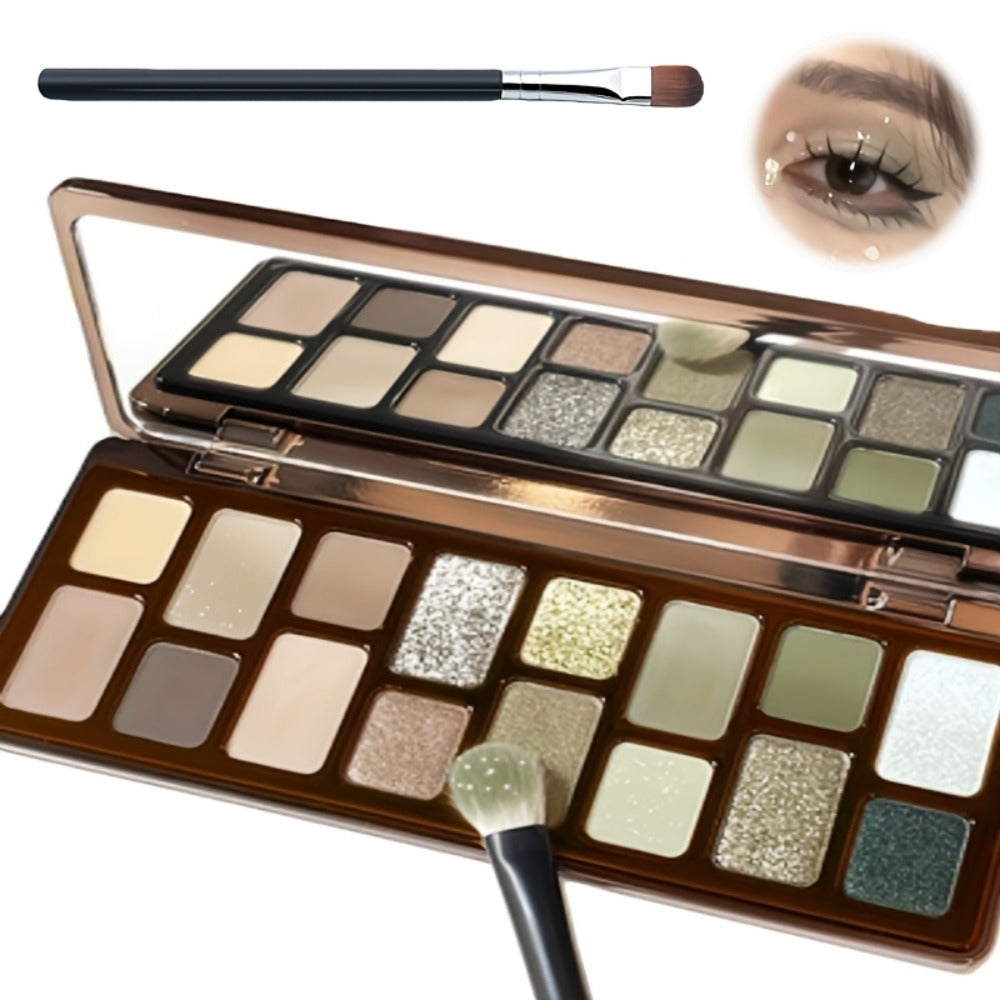16-Color Eyeshadow Palette – Smoky Retro Matte Glitter & Pearlescent Shades, Gray Green Earthy Tones with Highlight & Blush, Compact Travel-Friendly Makeup Palette for Women