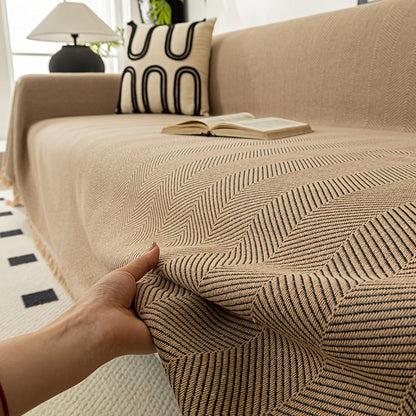 Sofa Cover 71-Inch Herringbone Jacquard Woven Throw with Tassel Fringe in Grey, Coffee, Green or Blue