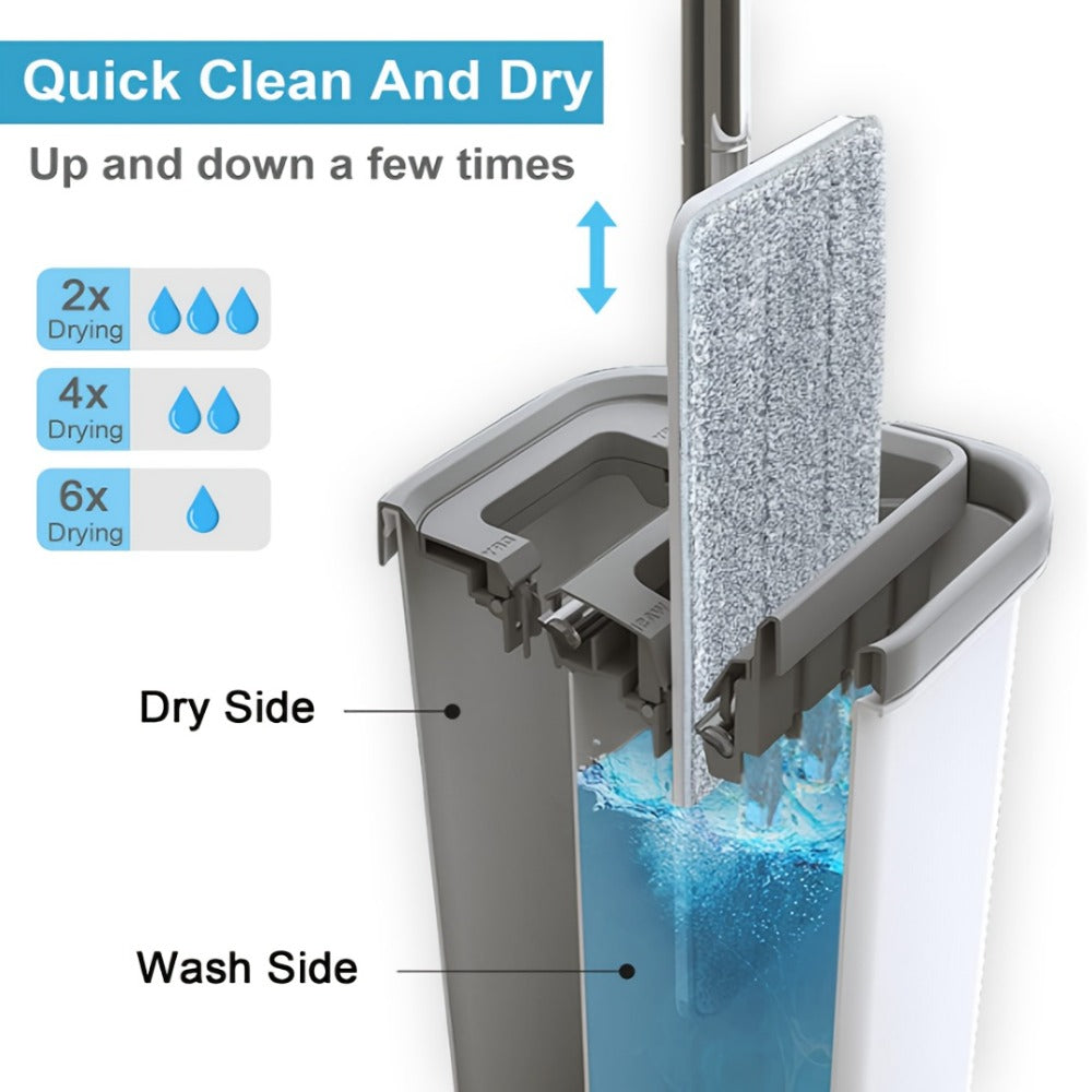 Eight-Piece Flat Mop and Bucket Set with Six Microfiber Pads, Cleaning Gloves and Hands-Free Wringer