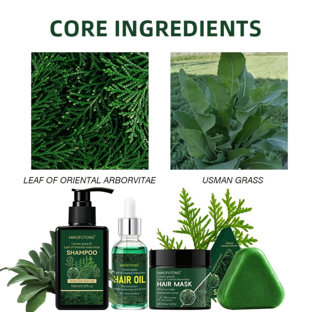 Four-Piece Usman Grass Hair Care Kit with 120g Shampoo Bar, Oil and Mask Container Formats