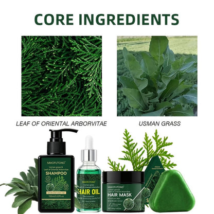 Four-Piece Usman Grass Hair Care Kit with 120g Shampoo Bar, Oil and Mask Container Formats