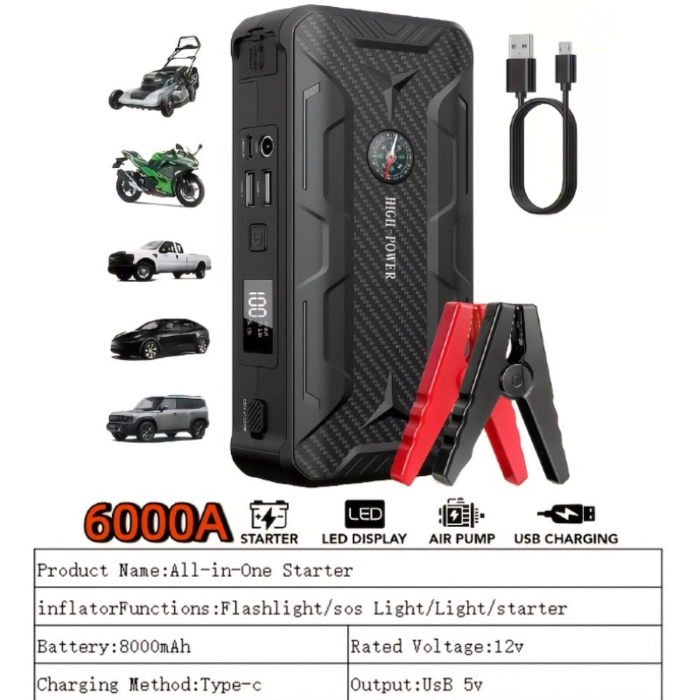 Portable Car Jump Starter 10000A – 9-in-1 Battery Booster with 350PSI Tire Inflator, LED Light, USB-C Fast Charging, Power Bank for 12V Gas & Diesel Vehicles, Emergency Car Tool