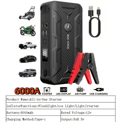 Portable Car Jump Starter 10000A – 9-in-1 Battery Booster with 350PSI Tire Inflator, LED Light, USB-C Fast Charging, Power Bank for 12V Gas & Diesel Vehicles, Emergency Car Tool