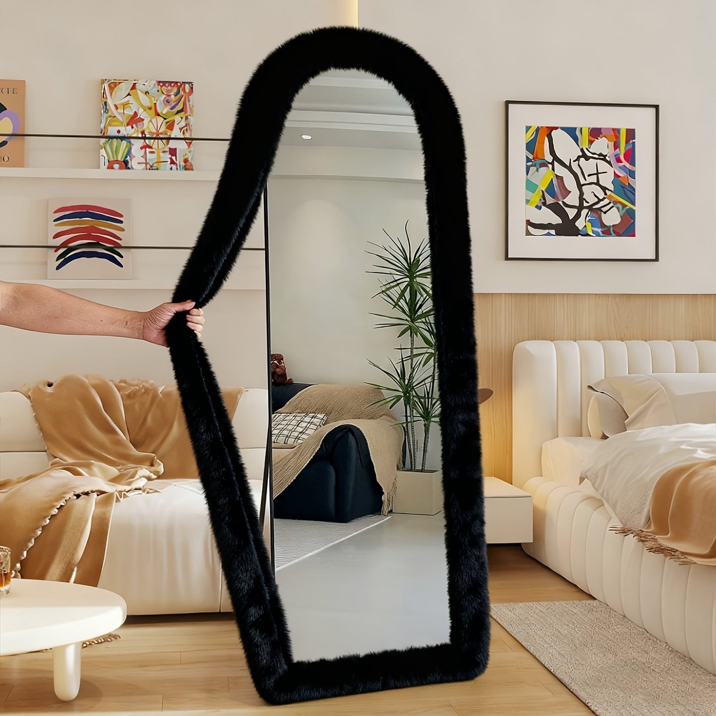 Full Length Floor Mirror Cover Fluffy Stretchable 64"x21" - Soft Non-Slip Irregular Shape Bedroom Dressing Room Mirror Sleeve 6 Colors