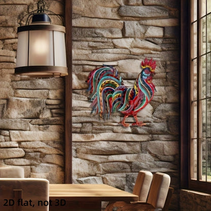 Colorful Flat Metal Rooster Wall Decoration, 11.8 by 11.46 Inches, with Layered Farmhouse Cutout Design