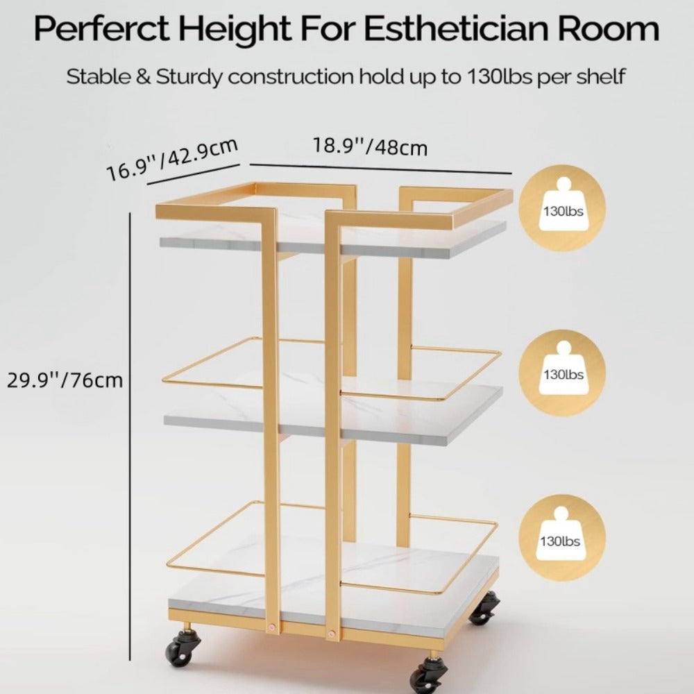 3-Shelf Rolling Salon Cart with Lockable Wheels 130lbs per Shelf – Heavy Duty Metal Frame Waterproof Utility Trolley for Esthetician, Spa, Tattoo, Massage & Manicure, Gold White Rose Gold Black