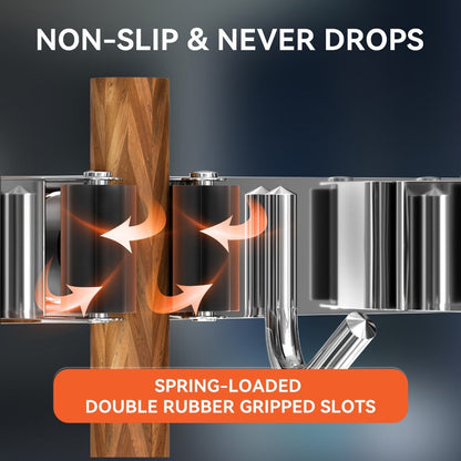 Two-Pack Wall-Mounted Broom and Mop Holders with Four Grip Racks, Five Hooks and Exact Configuration