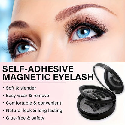 Black Double-Strip Magnetic False Eyelash Set with Round Storage Case and White Applicator