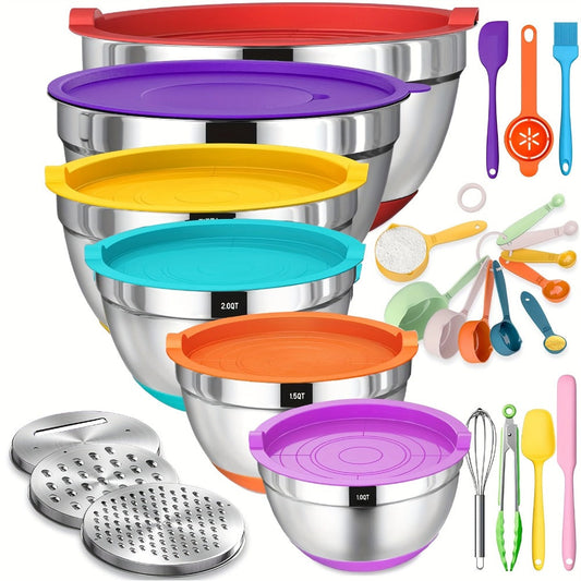 Mixing Bowls Set with Airtight Lids – 26pcs Stainless Steel Bowl Set with 3 Grater Attachments, Non-Slip Bottoms, Sizes 1–7QT – Kitchen Bowls for Mixing, Serving, Baking & Meal Prep