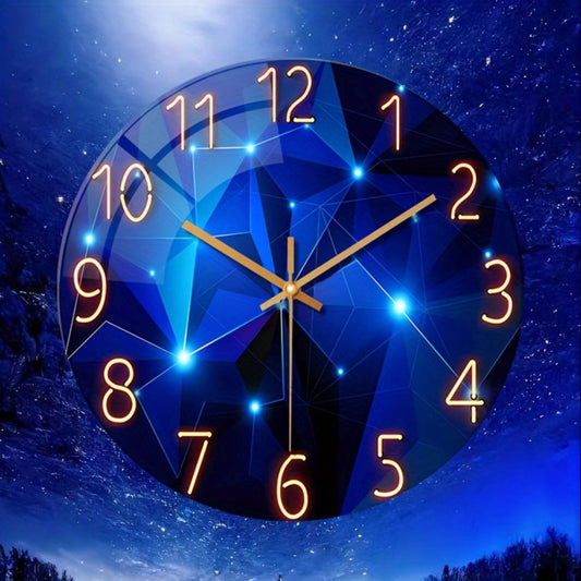 Modern Blue Glass Wall Clock Silent Non-Ticking Quartz Movement Battery Operated Tempered Glass Large Wall Clock for Living Room Bedroom Office Home Decor Gift