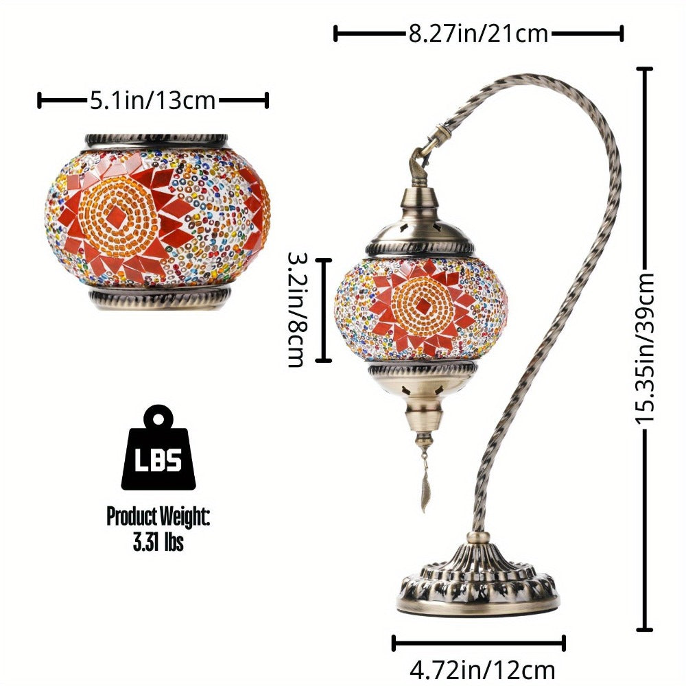 Mosaic Table Lamp Turkish Moroccan Style Handmade Swan Neck Glass Bedside Lamp 3 Color Modes LED Bulb Included Metal Base for Bedroom Living Room