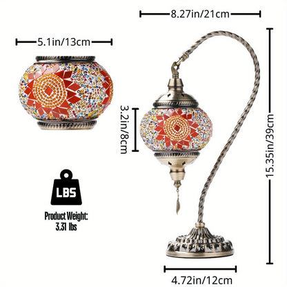 Mosaic Table Lamp Turkish Moroccan Style Handmade Swan Neck Glass Bedside Lamp 3 Color Modes LED Bulb Included Metal Base for Bedroom Living Room