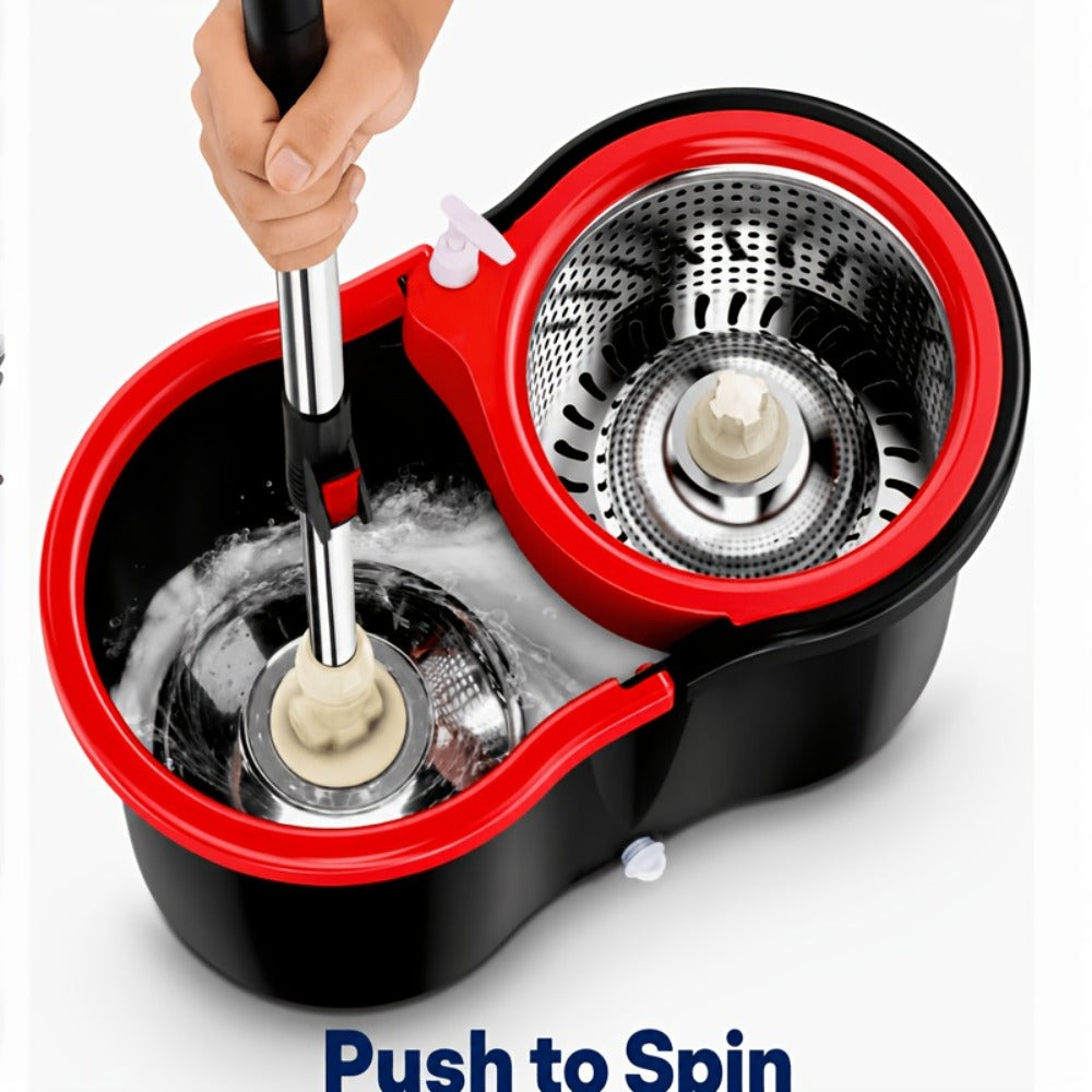 Spin Mop and Dual-Compartment Wringer Bucket Set with Telescoping Handle and Four Mop Heads