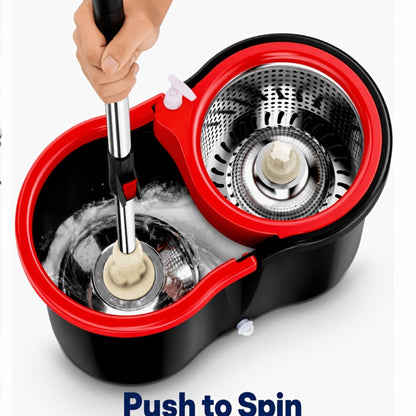 Spin Mop and Dual-Compartment Wringer Bucket Set with Telescoping Handle and Four Mop Heads