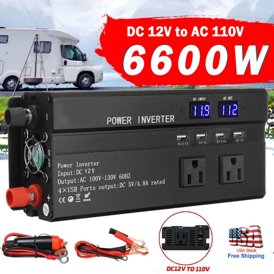6600W Peak Pure Sine Wave Power Inverter 12V/24V DC to 110V AC – LCD Display, 4 USB Ports, US Outlets, 95% Efficiency for Car, Truck, RV & Solar