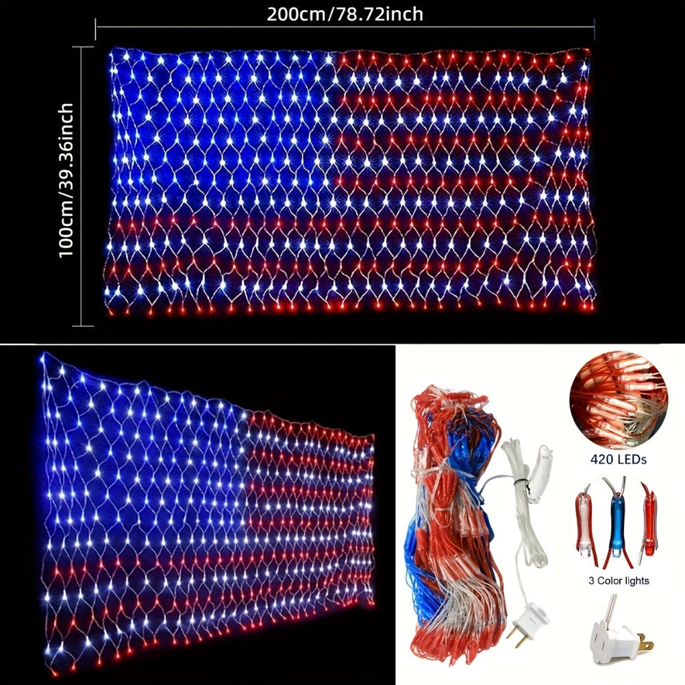String Lights, 420-LED American Flag Net Display with Red, White and Blue Lights, 120V Plug and 6.6 by 3.3-Foot Size