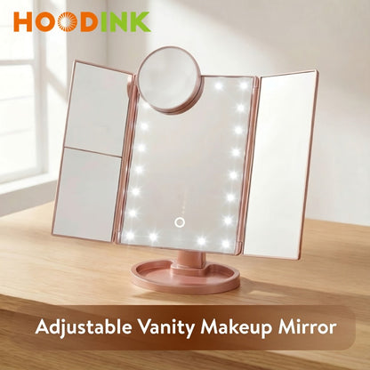 Vanity Mirror with Lights Tri-Fold 21 LED Lighted Makeup Mirror Touch Control 1X 2X 3X 10X Magnification 360 Rotation Dual Power Tabletop Trifold Mirror for Women Gift White Rose Gold