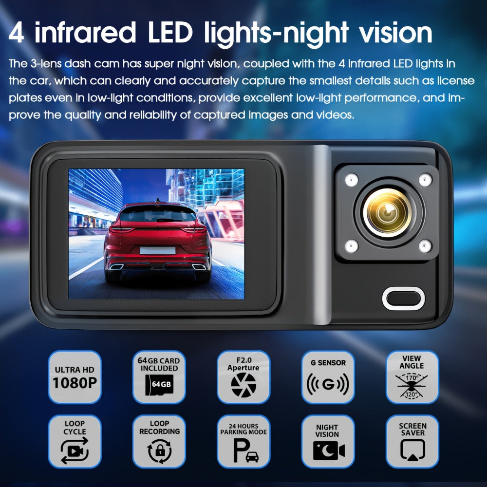 3 Channel Dash Cam Front Rear Inside 1440P+1080P+1080P with 64GB SD Card, Super Night Vision, Loop Recording, G-Sensor, Motion Detection, 24-Hour Parking Mode