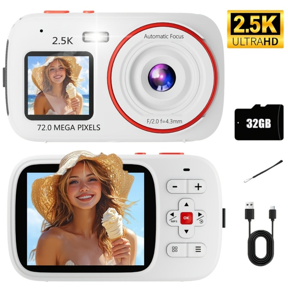Vintage CCD Digital Camera 72MP 2.5K Vlogging Camera 16X Zoom Auto Focus Dual Screen 32GB Card Retro Compact Camera for Teens Beginners Travel Photography Gift for Girls Boys