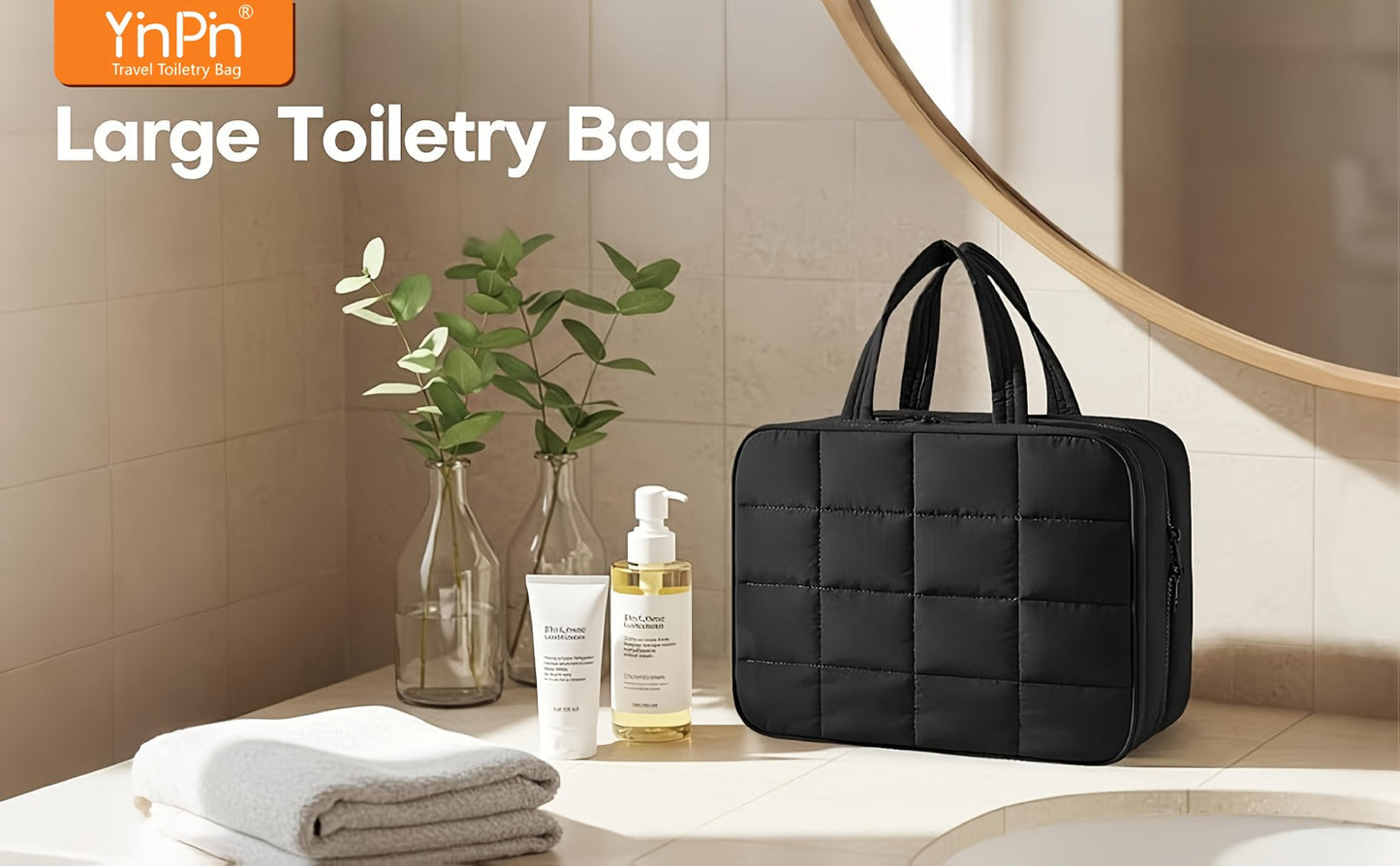 Hanging Travel Toiletry Bag Large Capacity for Full-Size Products Waterproof Cosmetic Organizer with Hook — Bathroom Makeup Travel Bag for Women Pink Beige Black