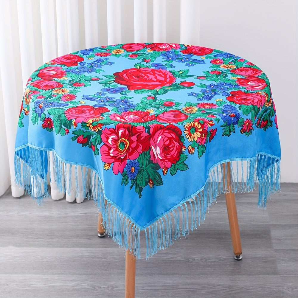 Tablecloth Square 53-Inch Floral Cover with Tassel Trim, Polyester Fabric and Six Color Options