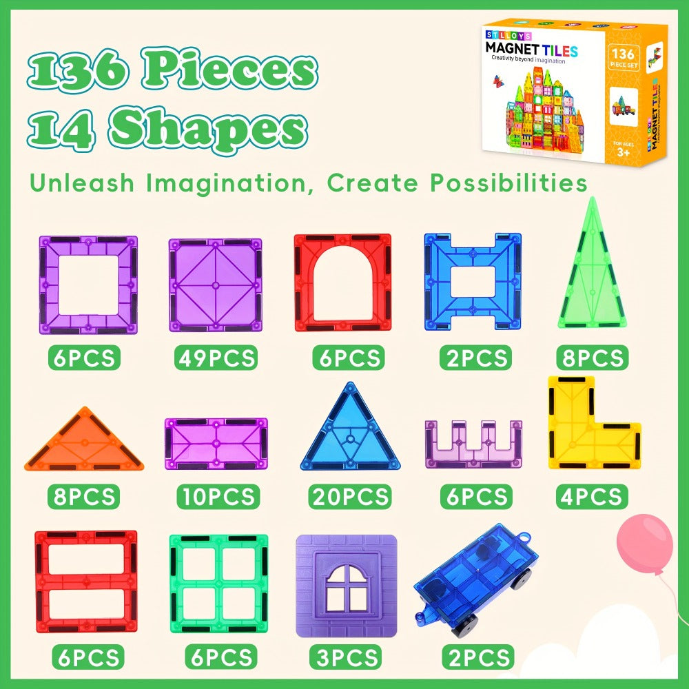 Magnetic Tiles Building Sets in 80, 106 or 136-Piece Options with Multicolor Translucent Shapes and Vehicle Bases