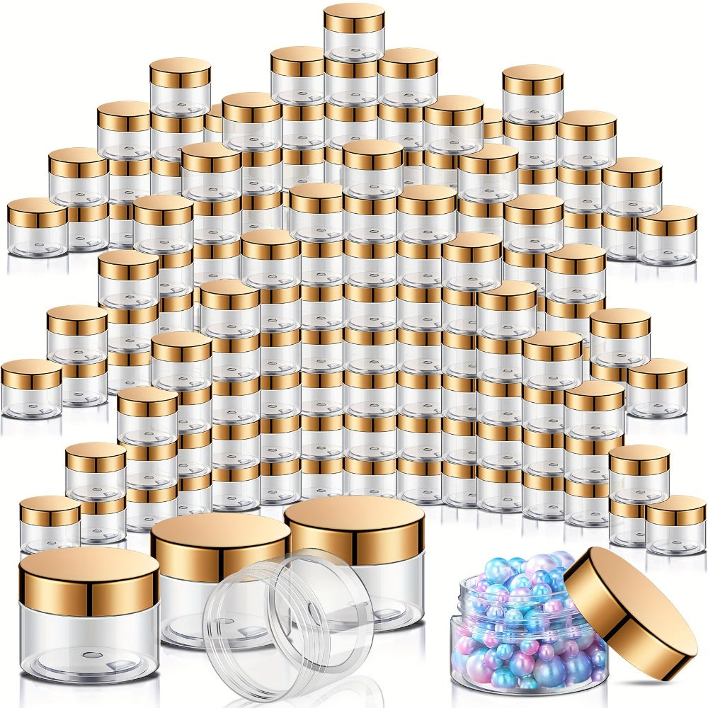 Wide Mouth Plastic Jars with Lids 2oz 100 Pack Clear Cosmetic Containers with Golden Flip Top Lid for Lotion Cream Body Butter Lip Balm Rhinestones Glitter Beads Travel Sample Storage