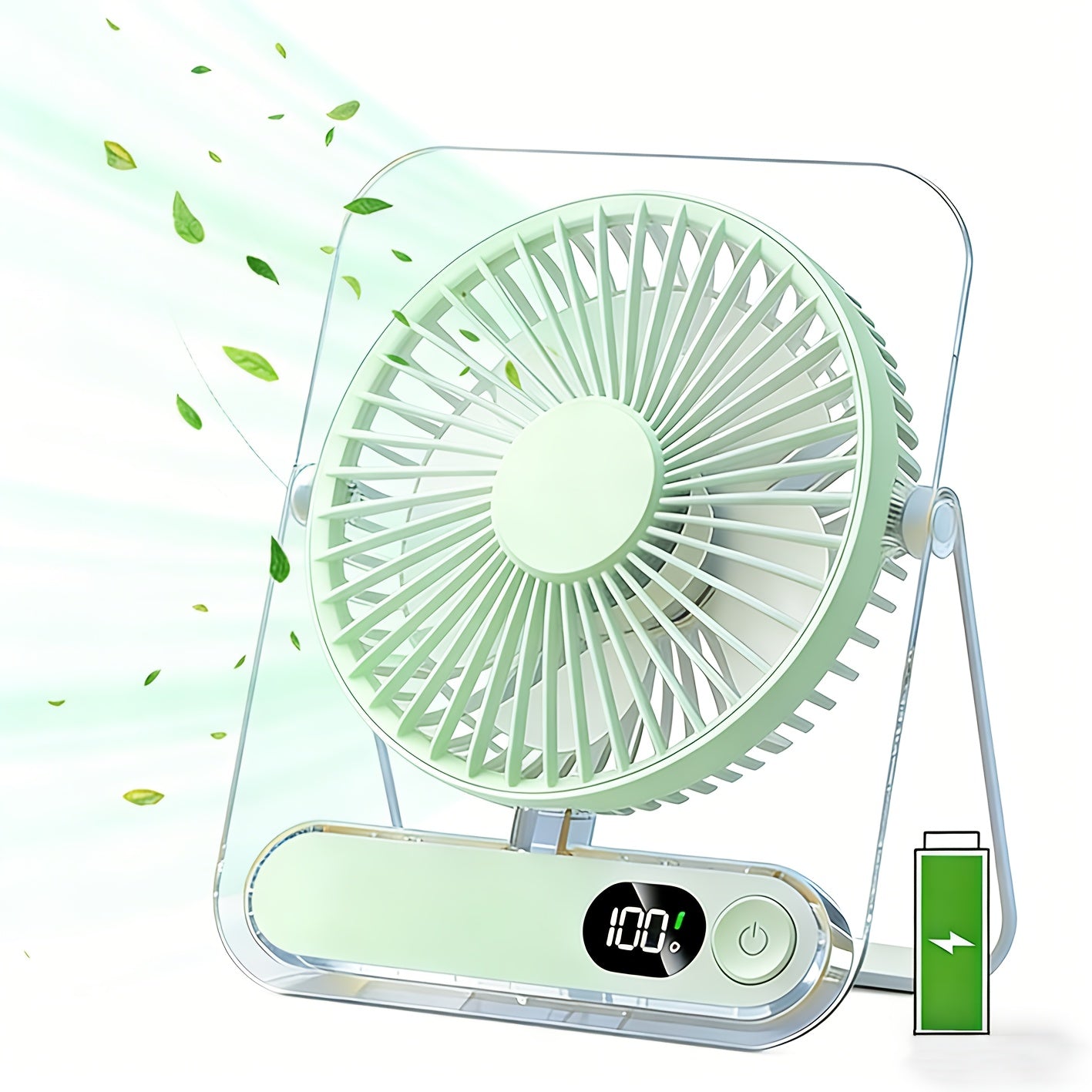 Folding Desk Fan with 3000mAh Battery, Five Settings, Numeric Display and White, Yellow or Green Finish