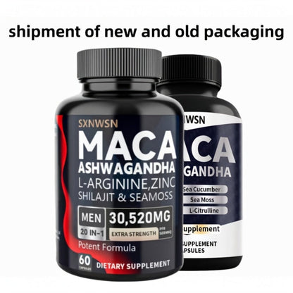 Dietary Supplement Capsules with SXNWSN Label, Sea Moss, Shilajit, Maca, L-Arginine and 60 or 120 Count
