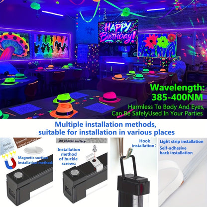 UV Black Light Bars & Strips 8-Piece Set – 385-400nm USB Powered 5V LED Blacklight for Glow Party, Halloween, Neon Party, Body Paint & Fluorescent Art (4x32cm + 4x250cm)