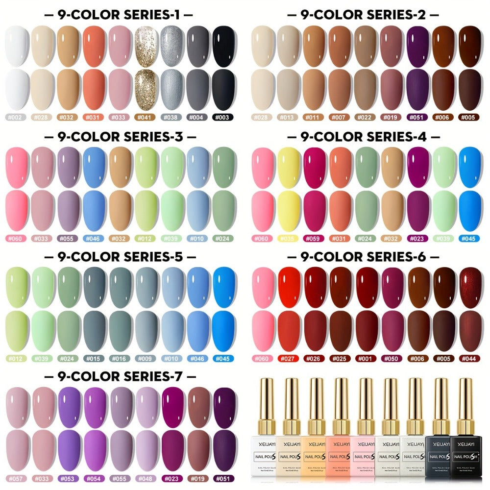 Gel Nail Polish XEIJAYI 9-Piece Fall-Winter Sets in 7 Numbered Palettes with LED Cure for Nail Art