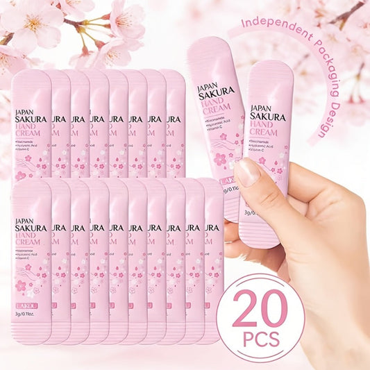 Japanese Sakura Hand Cream Set 20 Pcs LAIKOU Cherry Blossom Moisturizing Lotion with Glycerin & Vitamin C Lightweight Non-Greasy Portable Travel Size Skincare Gift for Women