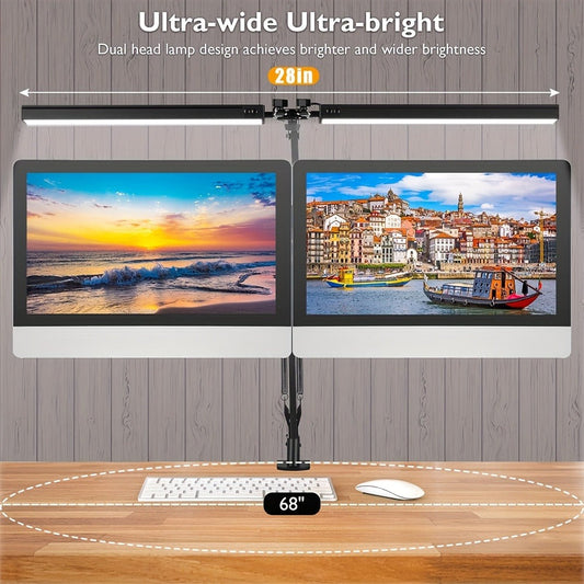 Dual Head Clamp Desk Lamp USB Powered – 2X Brighter Swing Arm LED Light, 3 Color Modes & 10 Brightness Levels for Dual Monitors, Drafting, Workbench & Home Office, Black