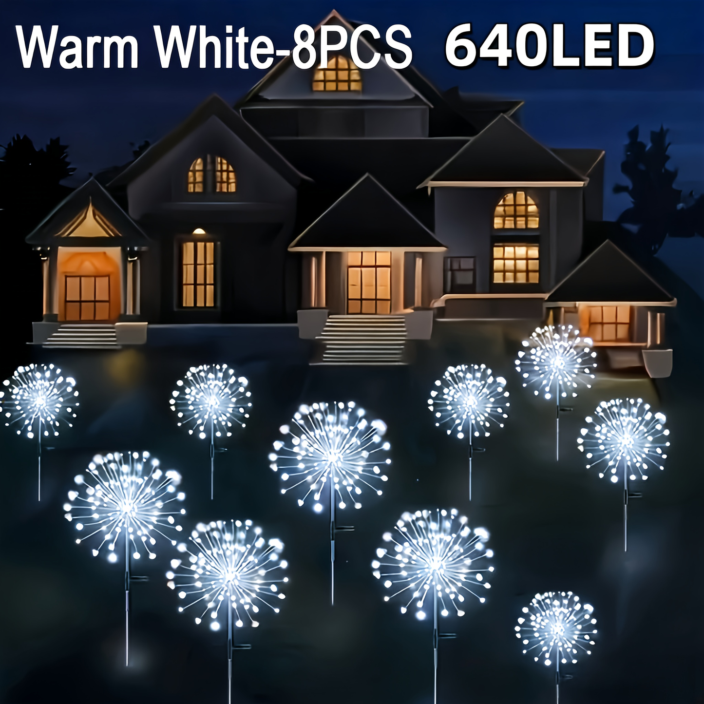 Solar Garden Lights Firework Stakes with 240-640 LEDs, 8 Modes, 4/8 Packs and Three Light Colors