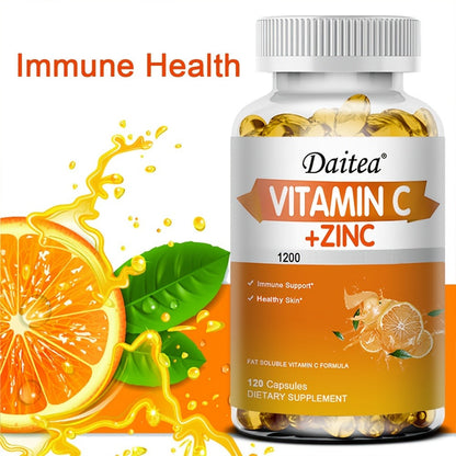 Dietary Supplement Vitamin C 1200mg and Zinc 20mg Softgels in a 120-Count Bottle for Daily Supplement Routines