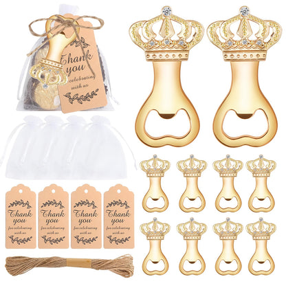 Crown Bottle Opener Wedding Favors, 10 Sets with Organza Bags, Thank You Tags and Twine for Bridal Showers and Guest Gifts