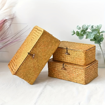 Rattan Storage Basket Set of 3 - Handwoven Wicker Organizer Bins with Lattice Lid & Label, Rustic Farmhouse Baskets for Kitchen Bathroom Pantry Shelf