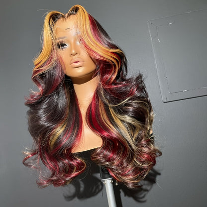 Lace Front Wig 28in Body Wave Highlight Style with 13x4 HD Lace, 180% Density, Combs and Strap