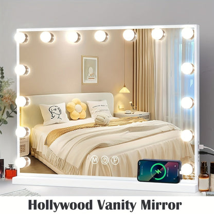 Hollywood Vanity Mirror with Lights – 15 LED Bulbs, 3 Color Modes, Dimmable Brightness, 23x18 Inch, USB & Type-C Charging, Touch Control, Desk & Wall Mount, Metal Frame Makeup Mirror