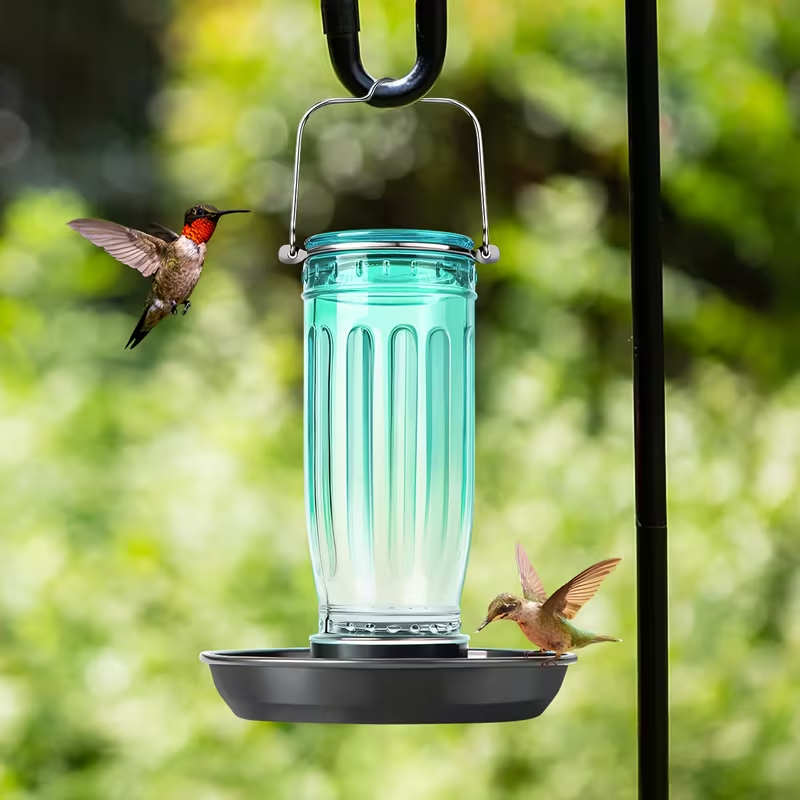 Bird Waterer Outdoor Hanging Glass Wild Bird Water Dispenser with Metal Handle - Gravity Fed Garden Yard Patio Tree Bird Feeder for Cardinals Blue Jays Finches Sparrows Bird Lover Gift