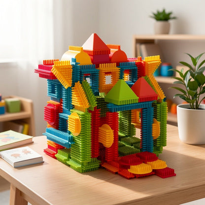 Building Block Set Bristle Construction Pieces, 150-Piece Colorful Interlocking Shapes with Storage Tub