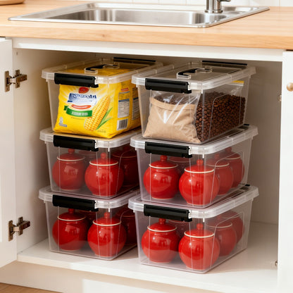 Six-Piece 6-Quart Clear Storage Box Set with Black Latches, Carry Handles and Stackable Lids